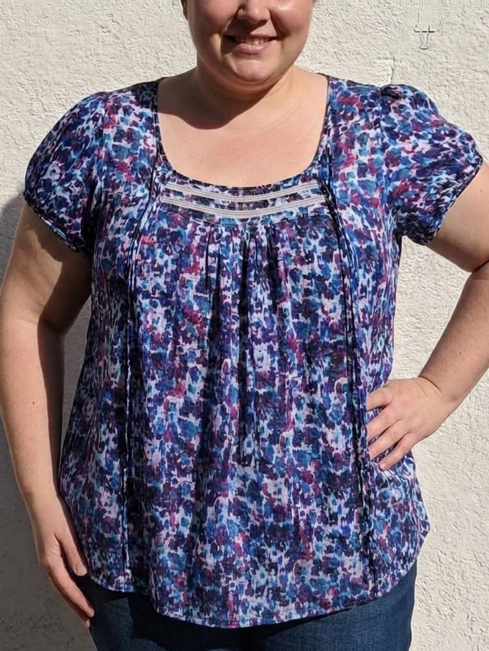 Women's Blue Floral Scoop Neck Blouse with Pintuck Detail